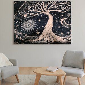 40" x 60" LARGE Black & Tan "Tree of Life" Celestial Design Scarf/Wall Tapestry